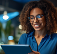 Woman holding a tablet in an office. 