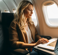A woman uses her laptop while on a plane.