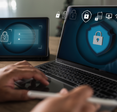 Antivirus alert is shown on a tablet and laptop.