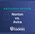 A blue background with images of locks and shields with the text &quot;Antivirus Review Norton vs. Avira&quot; and the All About Cookies logo. 
