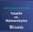 A blue background with images of locks and shields with the text &quot;Antivirus Review TotalAV vs. Malwarebytes&quot; and the All About Cookies logo. 