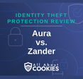 A blue background with images of locks and shields with the text “Aura vs. Zander” and the All About Cookies logo.