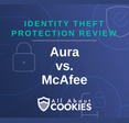 A blue background with images of locks and shields with the text “Aura vs. McAfee” and the All About Cookies logo.
