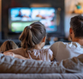 Back view of a family sitting on the couch and facing their TV.