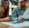 A woman and man sit together, going over paperwork.