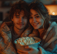 Young couple cozy watching a romance movie with popcorn