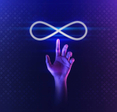Meta AI Training concept: The Meta symbol against a blue light backdrop with an AI hand pointing to the logo&#x27;s center