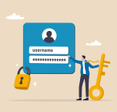 A beige background with an illustration of a user login with a padlock and a man holding a key