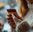 A woman holds a red gift card in her hands.