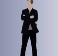 An illustration of Elon Musk&#x27;s likeness with his hands folded and face blurred out against a gray backdrop