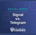 A blue background with images of locks and shields and the text &quot;Signal vs. Telegram&quot;
