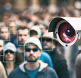 A surveillance street camera trained on pedestrians, analyzing their faces for identity verification