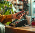 Person using cashless mobile payment system as checkout
