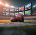 An image of two footballs in front of multiple screens streaming NFL games from the inside of a football stadium