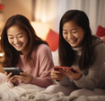 Two girls sitting on a bed, enjoying their time playing on Nintendo Switch