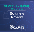 A blue background with locks and the text "AI App Builder Review: Bolt.new Review"