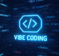 Neon vibe coding text glows in center of flowing code