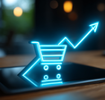 Digital shopping cart with upward trending arrow behind it.