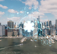 aerial panoramic city view of NYC with holographic healthcare sign in front