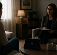 Therapist speaking to patient while her tablet records.