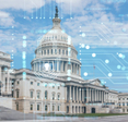 Capitol Hill building exterior with cybersecurity hologram concept overlay