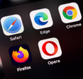 Closeup of browser apps for Safari, Edge, Chrome, Firefox, and Opera on smartphone