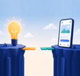 Illustration of a light bulb and a smartphone on opposite cliffs connected by a partially built bridge, representing the gap between having an app idea and building it.