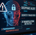 concept of AI generated face on holographic screen with text "deepfake alert," "identity fraud risk," and "AI manipulation detected"