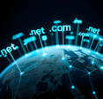 domain names .net and .com hover above a digital globe with network connections