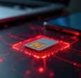 SIM card on glowing red circuit board with laptop and phone