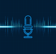Glowing neon microphone with dynamic audio waveform and particle sound signals on dark blue grid background.
