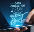 Hands holding a smartphone that projects a hologram of a wheelbarrow being filled with data icons.