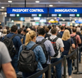 Long queue of passengers at airport passport control and immigration checkpoint.