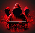 Faceless hackers in red shadows using laptops.