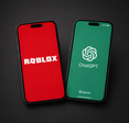 Two phone screens with Roblox and ChatGPT logos.