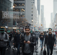 Crowd of people walking through a city street, with digital facial recognition overlays highlighting their faces.