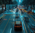 A road with cars being scanned by a license plate reader.