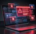 Laptop showing a critical system lockdown alert with red glowing warning windows.