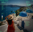 Woman poses in front of Italian scene with AI text analyzing location.