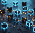 Abstract digital network of interconnected glowing data blocks representing blockchain technology and decentralized information systems