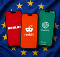 Three phone screens with Roblox, Reddit, and ChatGPT logos over the EU flag.