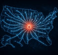 Map of the united states connected by data lines flowing to a central database.