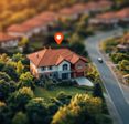 Aerial view of suburban neighborhood with house pinned red icon