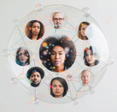 Clear sphere featuring diverse people's portraits connected