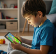A young boy playing Minecraft on a tablet sitting on the floor