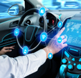 Driverless car interior with futuristic dashboard for autonomous control system.