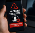 Person holding phone with message "account takeover, unauthorized access detected" onscreen