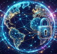 Global digital security network with earth as digital globe and servers with padlock