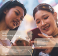 Two young asian women gen z friends using assistance ai chatbot browsing travel , shopping information on social media