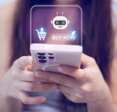 Person using a smartphone with AI shopping assistant and purchase interface.